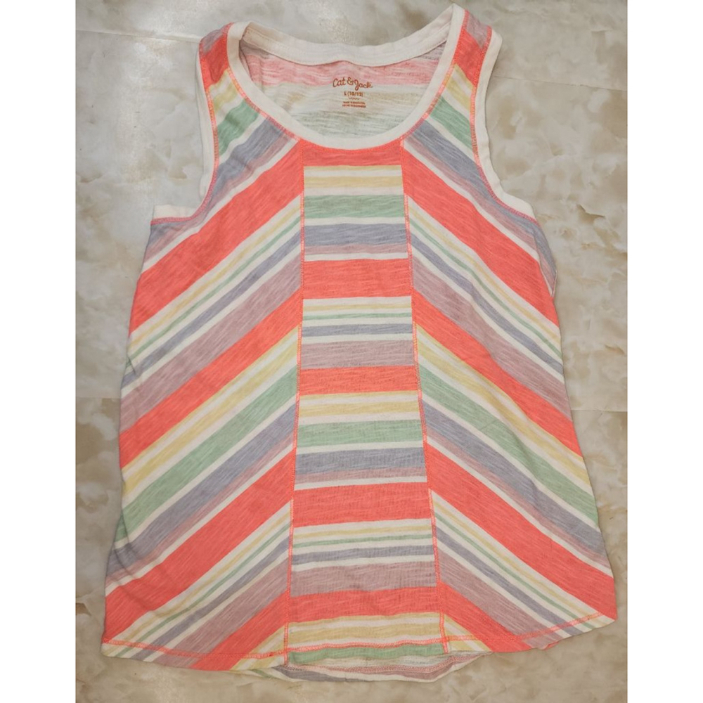 Girls Cat & Jack Striped Tank Top L (10/12) Coral Light Blue